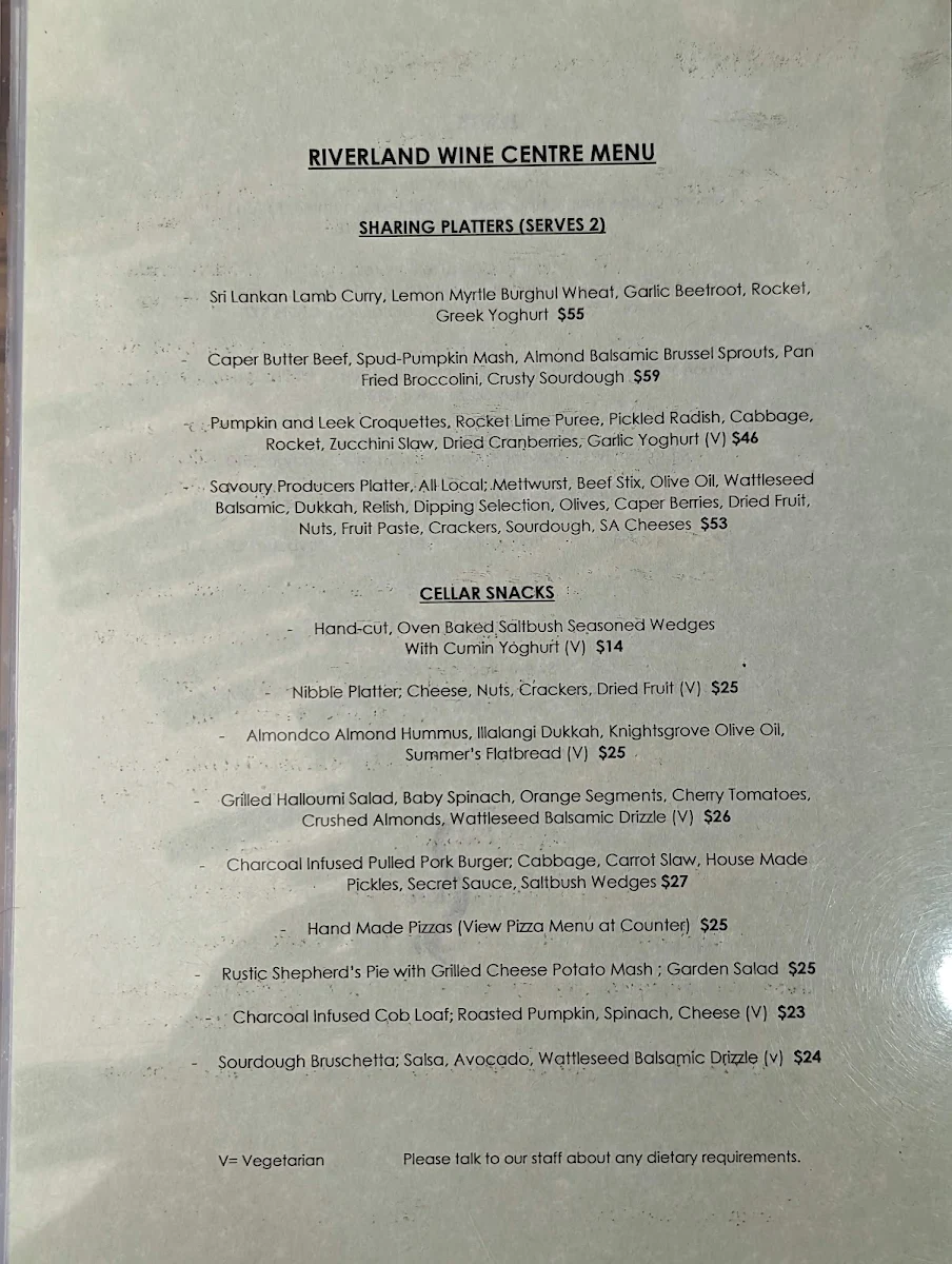Menu, Riverland Wine Centre