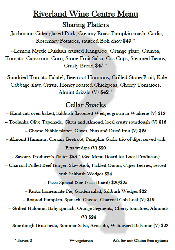 Menu, Riverland Wine Centre
