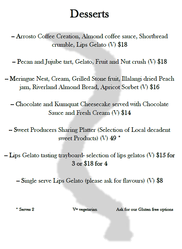 Menu, Riverland Wine Centre