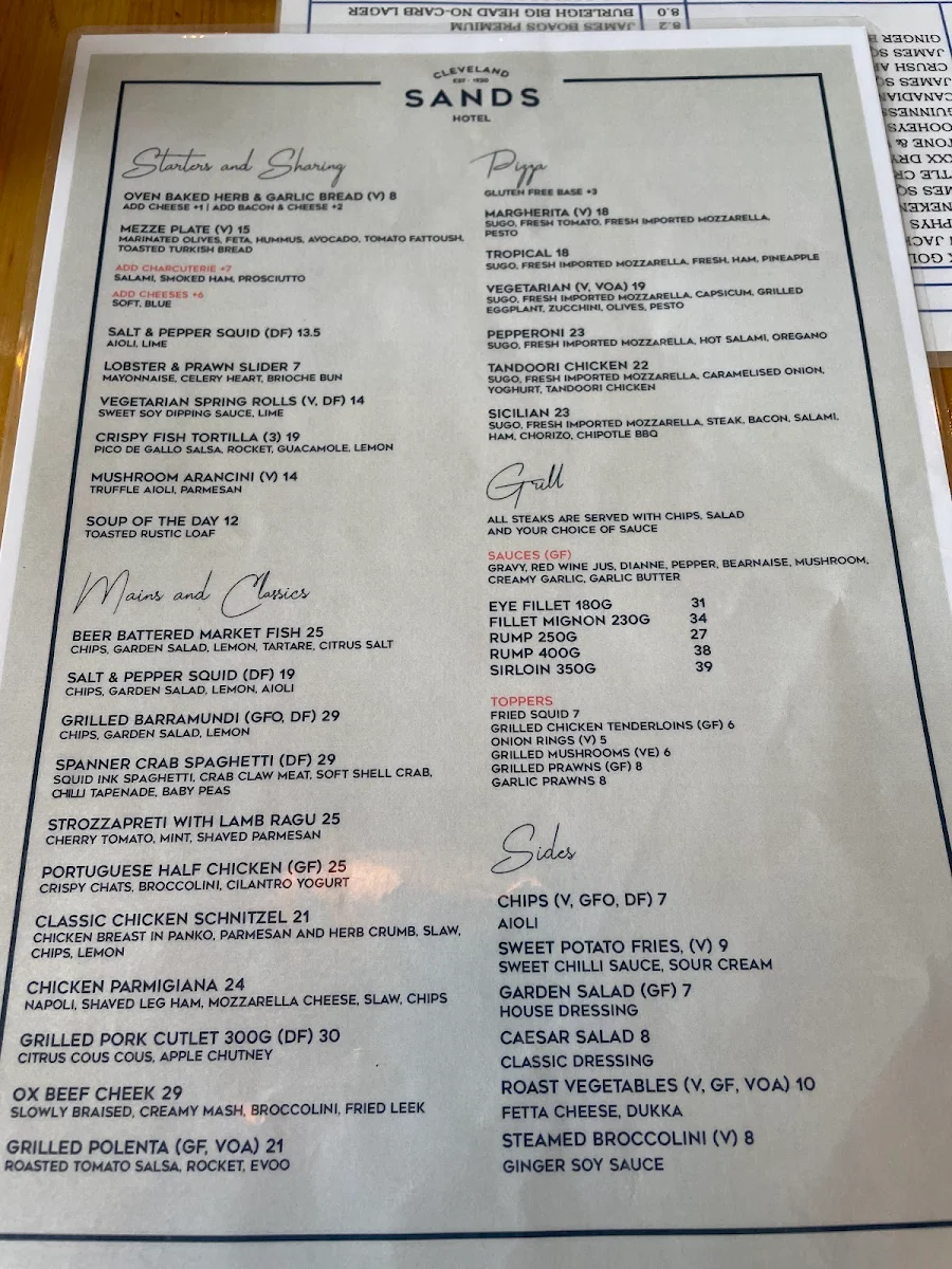 Menu, Cleveland Sands Hotel