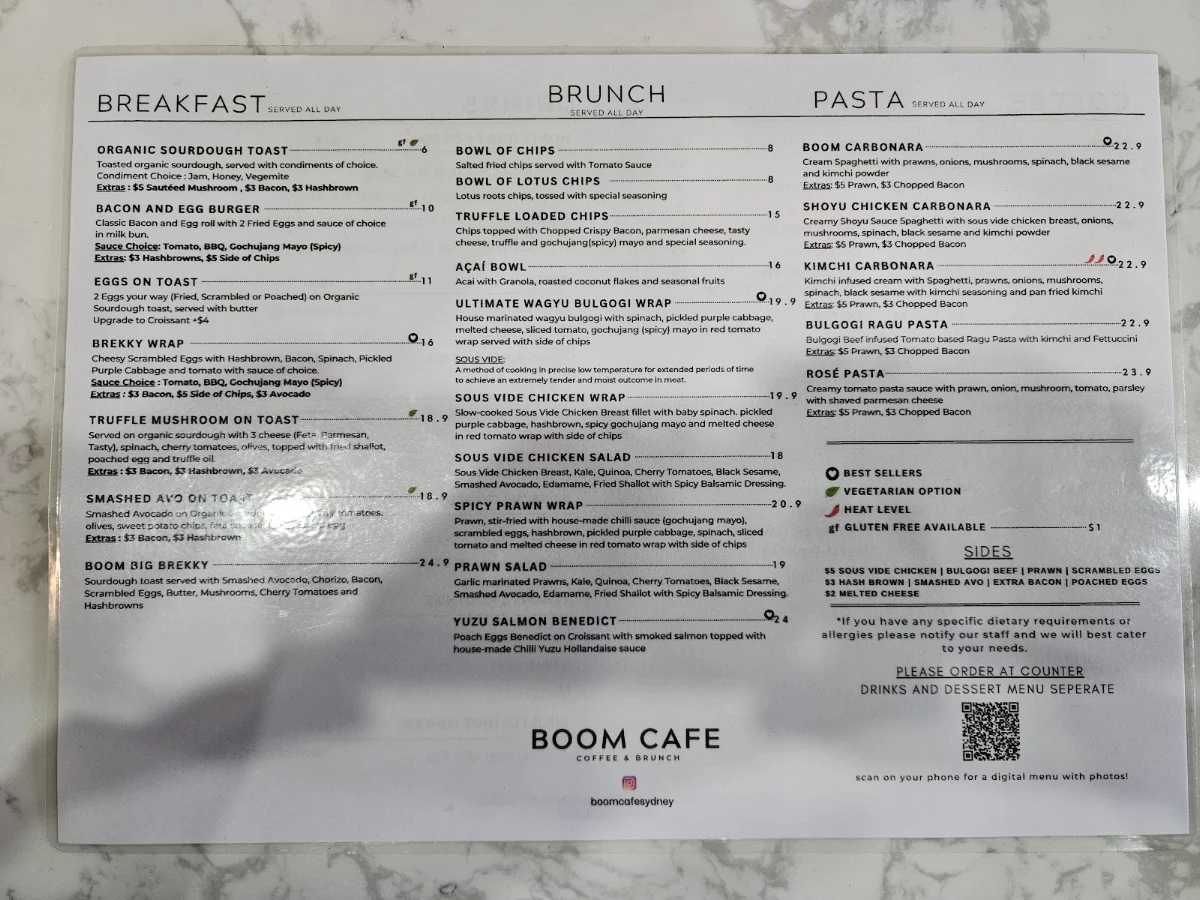Menu, Boom Cafe & Dining Eastwood