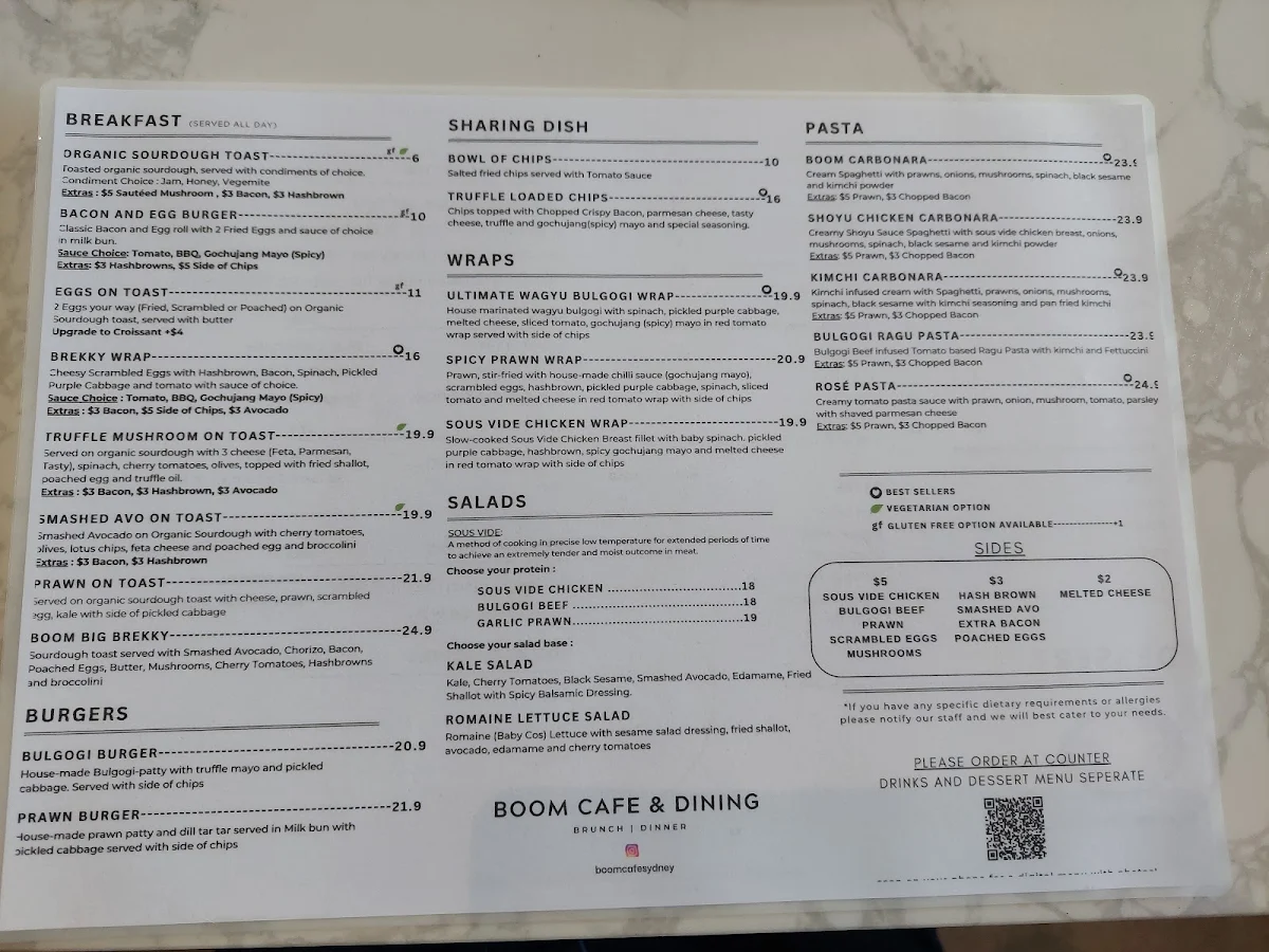 Menu, Boom Cafe & Dining Eastwood