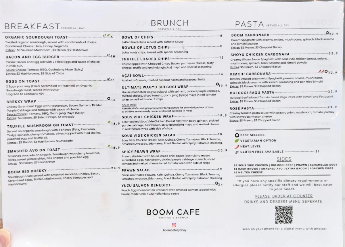 Menu, Boom Cafe & Dining Eastwood