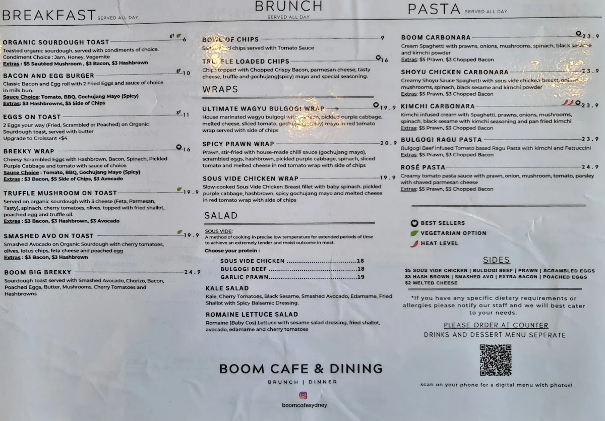 Menu, Boom Cafe & Dining Eastwood