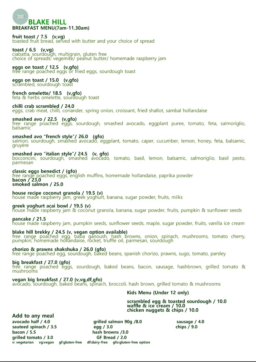 Menu, Blake Hill North Perth