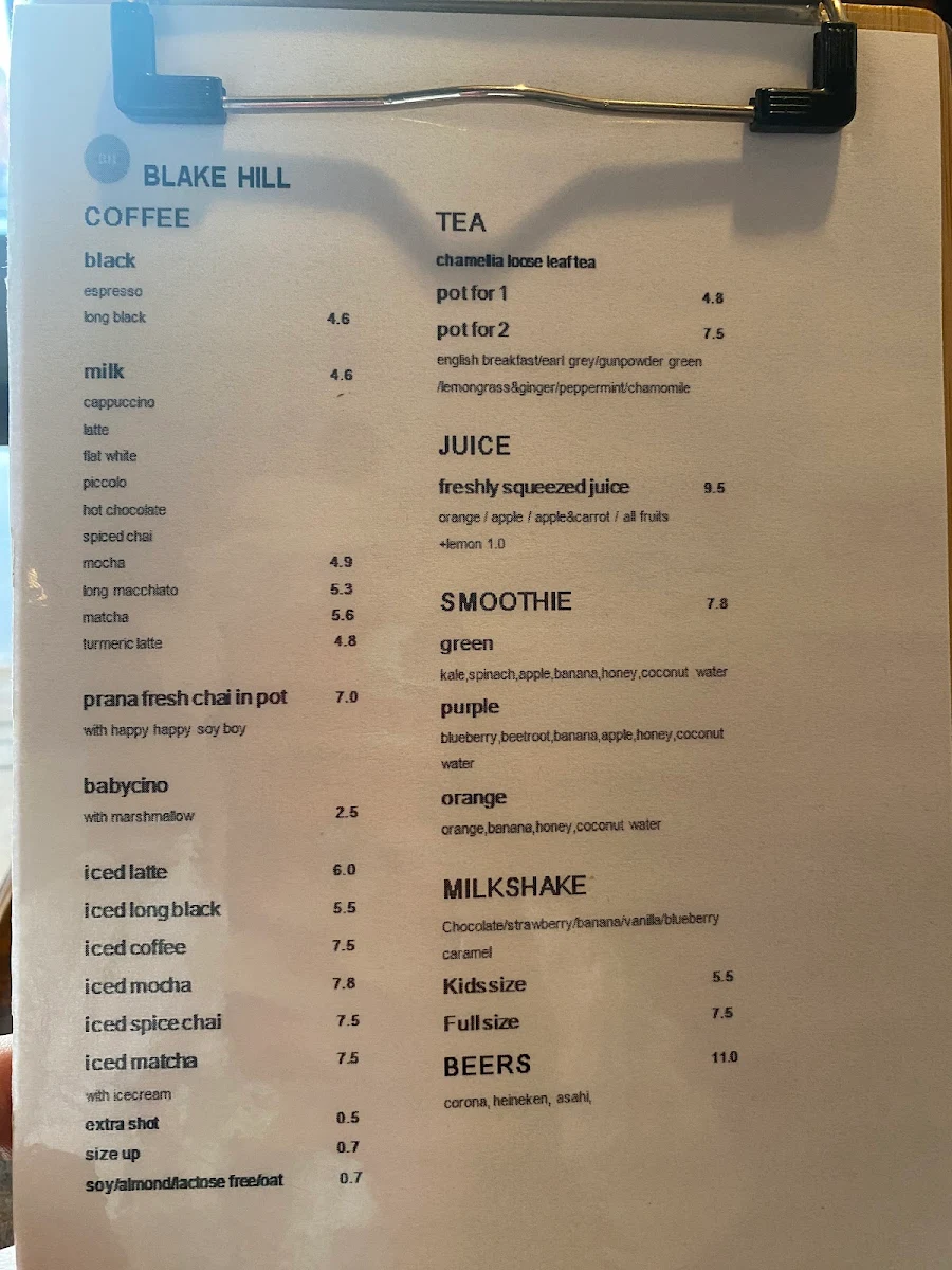 Menu, Blake Hill North Perth