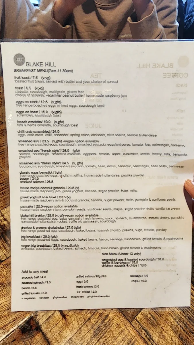 Menu, Blake Hill North Perth