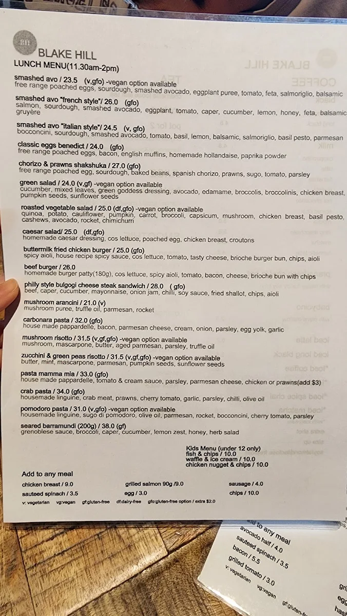 Menu, Blake Hill North Perth