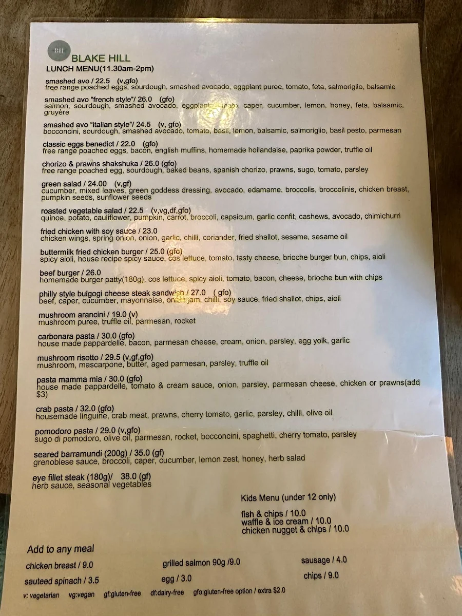 Menu, Blake Hill North Perth