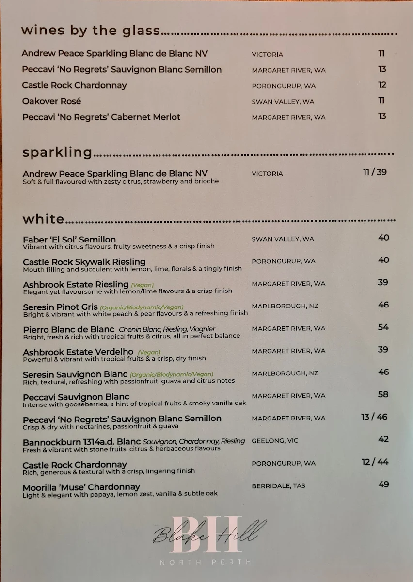 Menu, Blake Hill North Perth