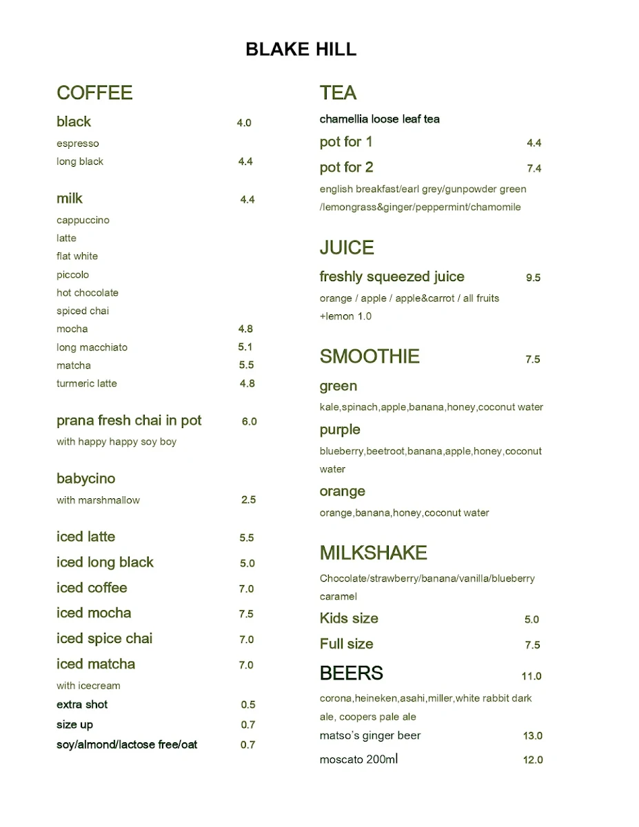 Menu, Blake Hill North Perth