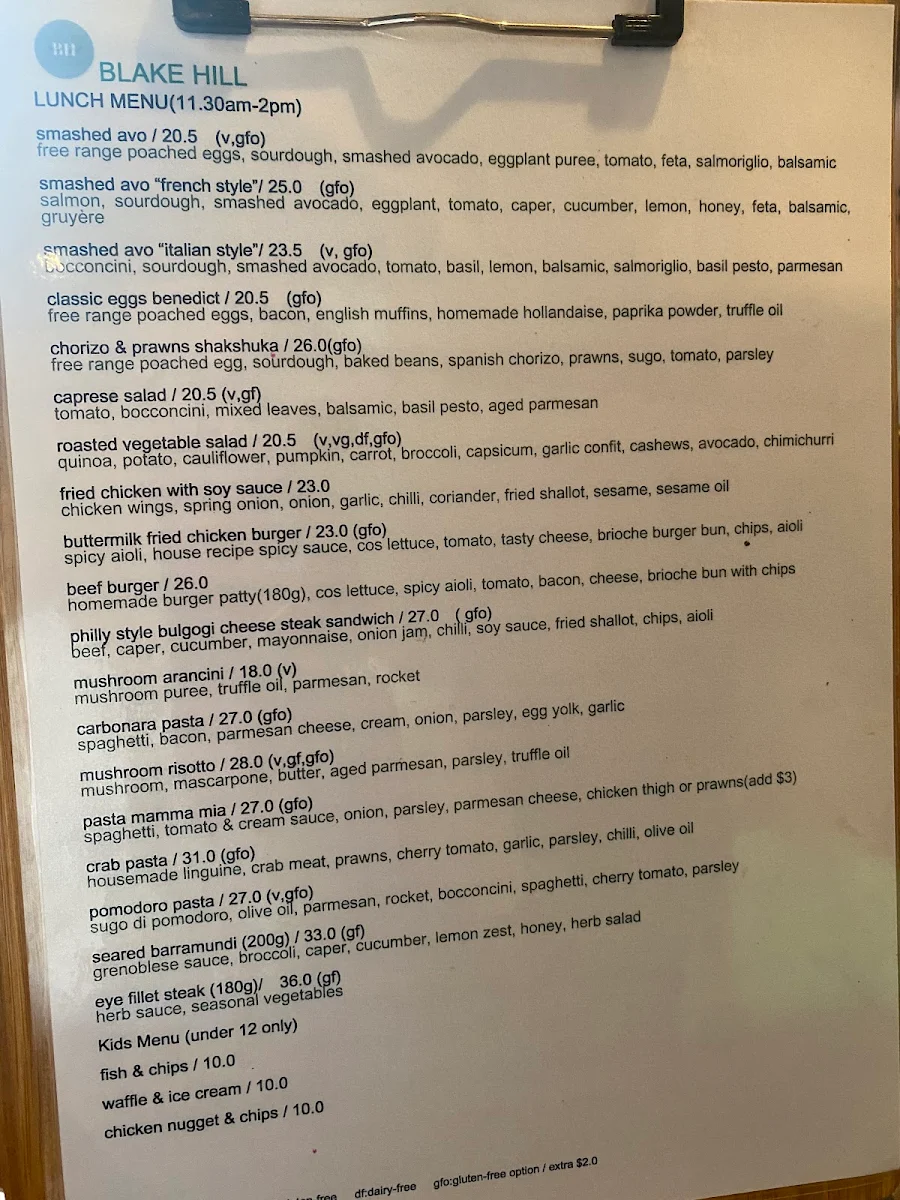 Menu, Blake Hill North Perth