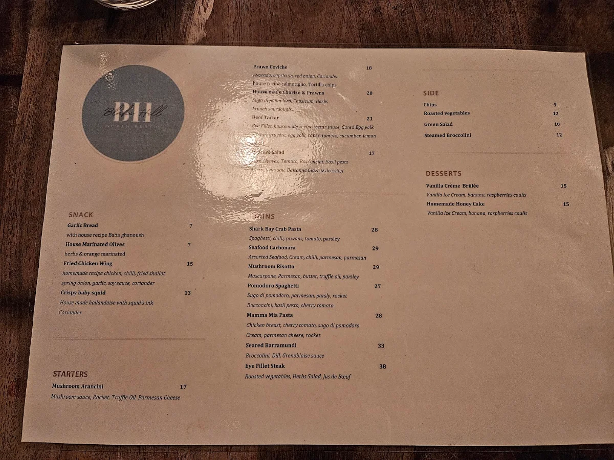 Menu, Blake Hill North Perth