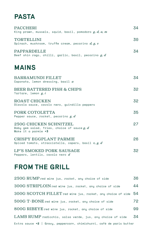 Menu, Sackville Hotel