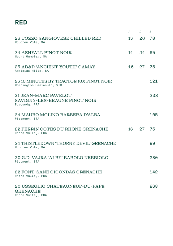 Menu, Sackville Hotel
