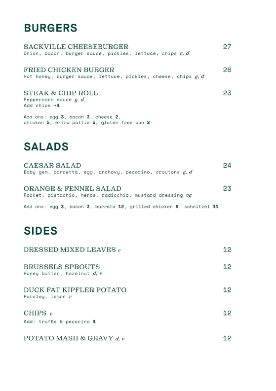 Menu, Sackville Hotel
