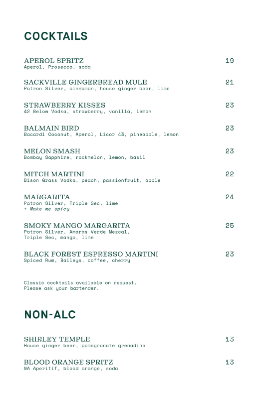 Menu, Sackville Hotel