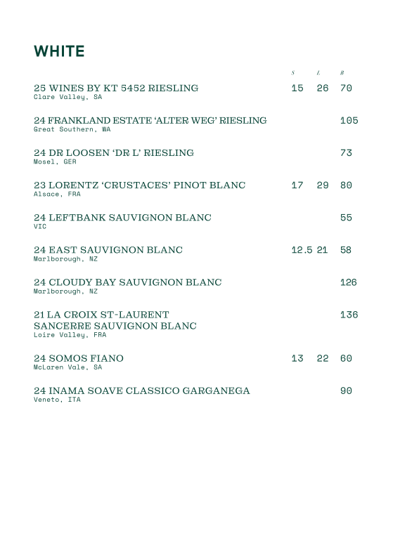 Menu, Sackville Hotel