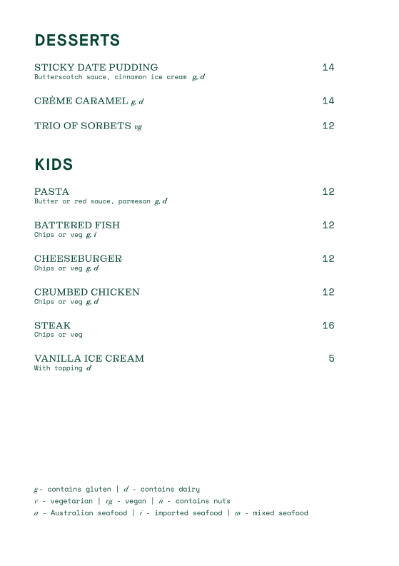 Menu, Sackville Hotel