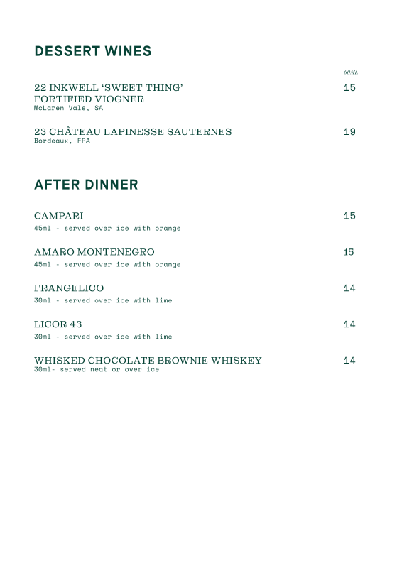 Menu, Sackville Hotel