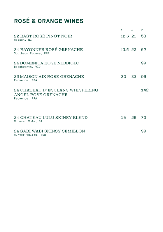 Menu, Sackville Hotel