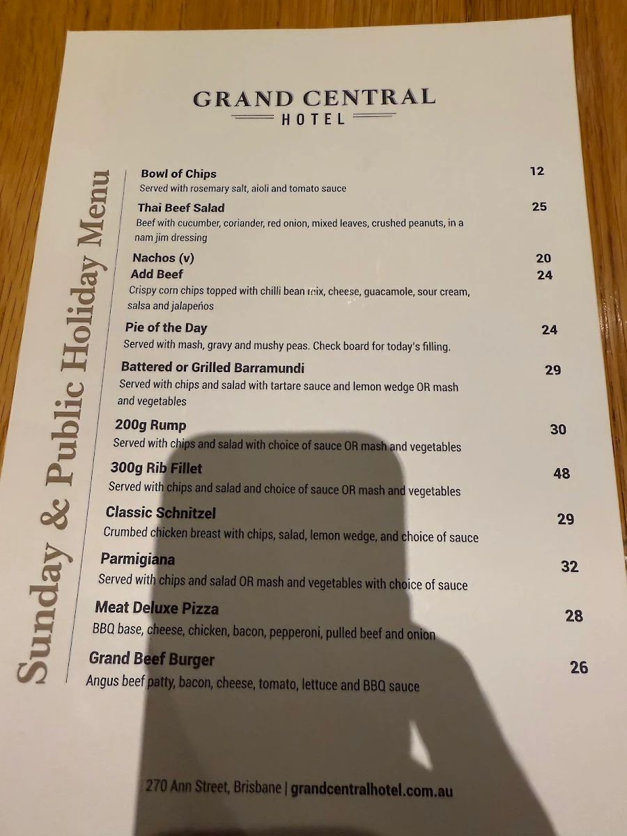 Menu, Grand Central Hotel