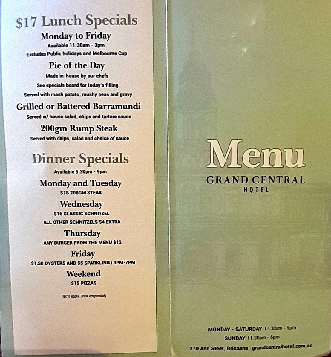 Menu, Grand Central Hotel
