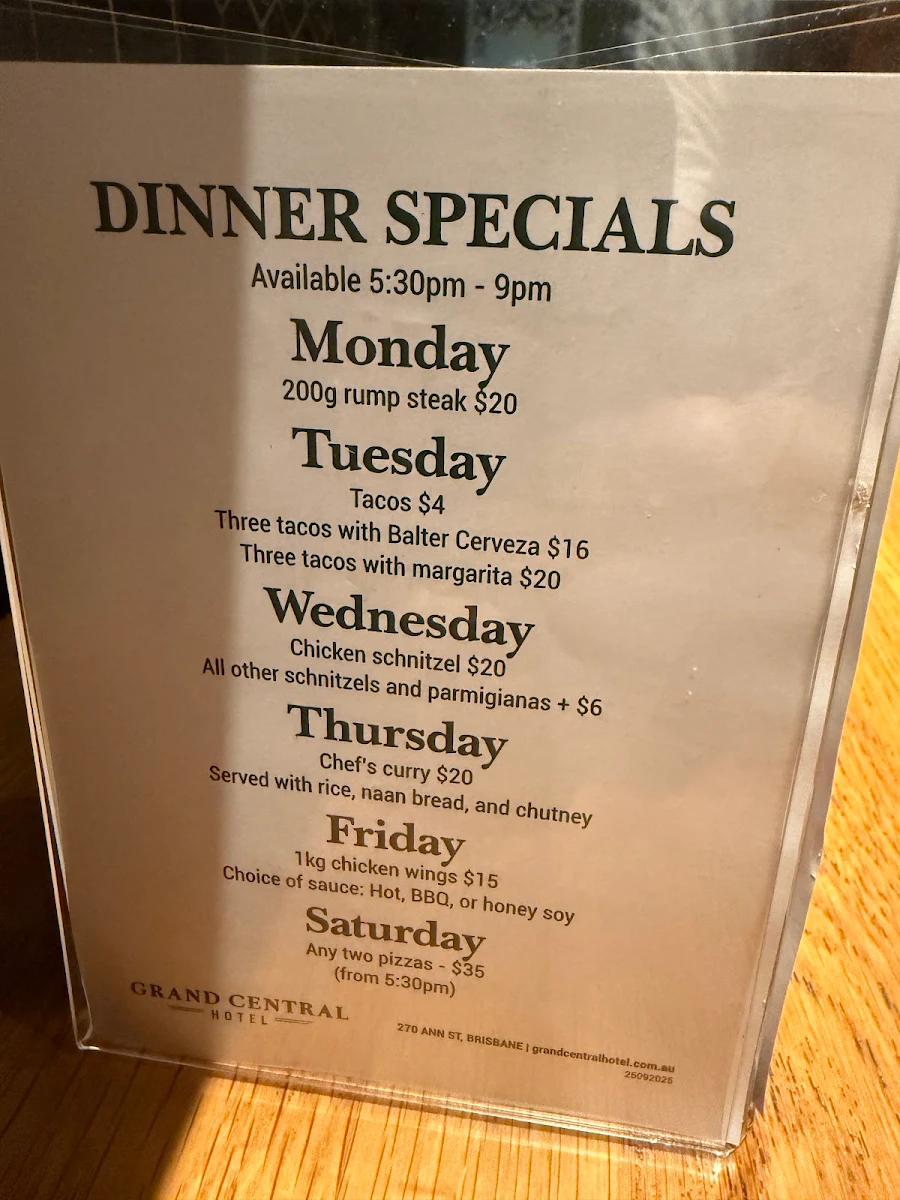 Menu, Grand Central Hotel