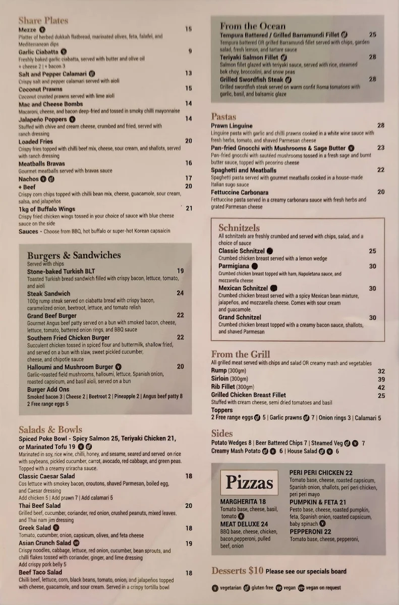 Menu, Grand Central Hotel