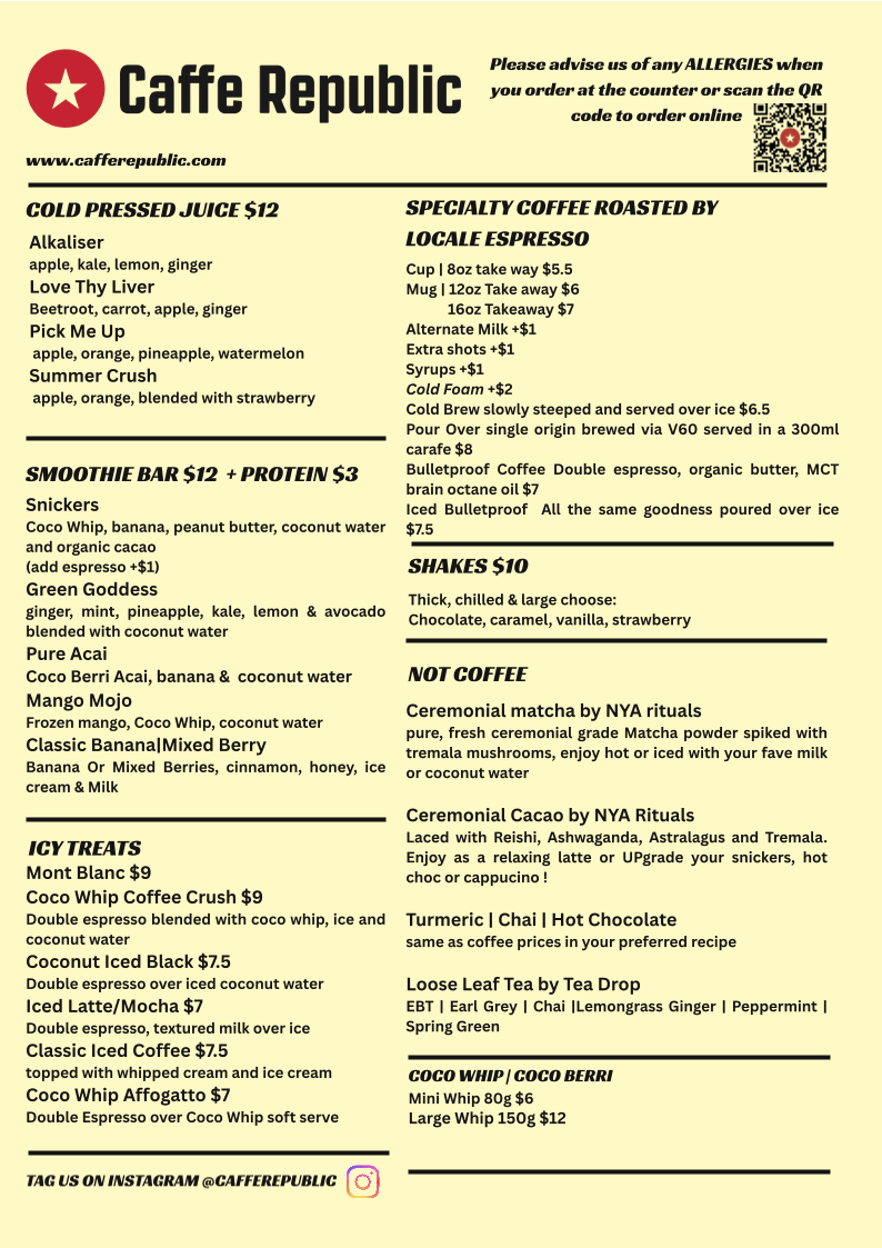 Menu, Caffe Republic