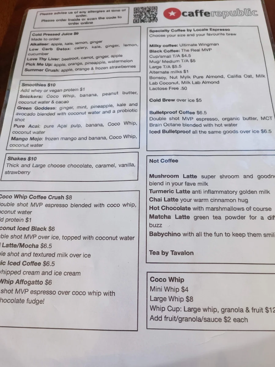 Menu, Caffe Republic