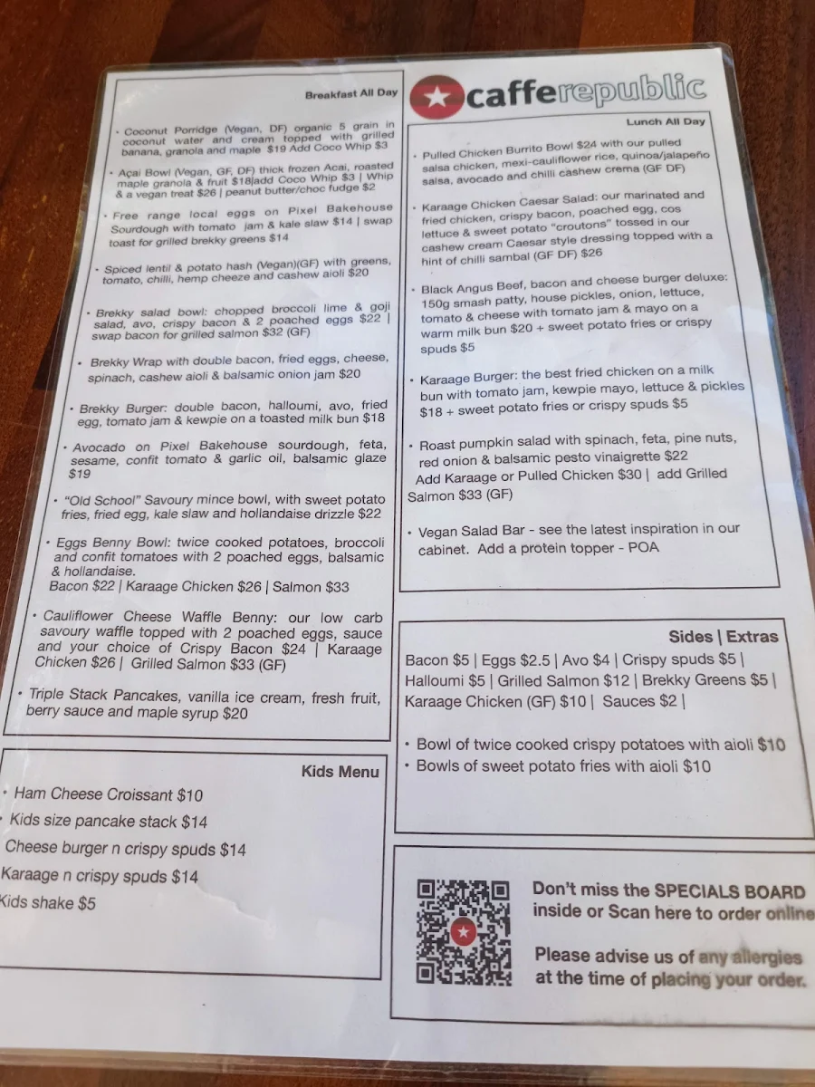 Menu, Caffe Republic