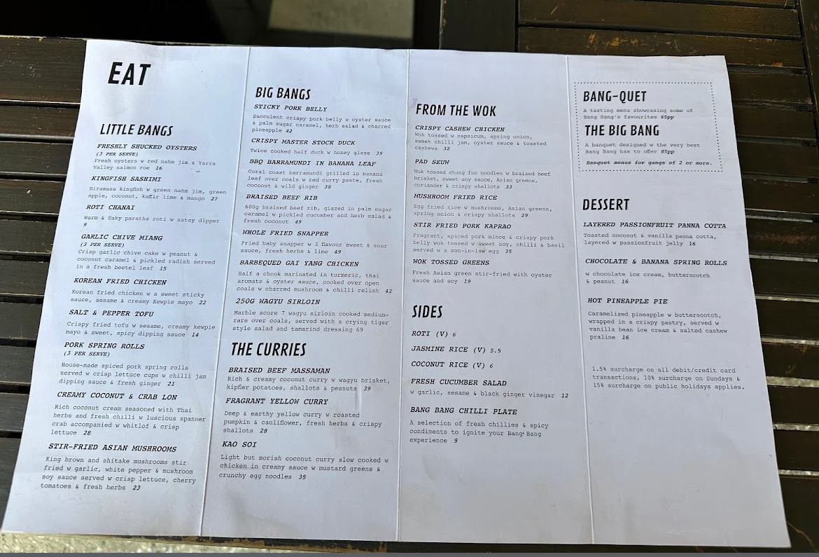 Menu, Bang Bang Noosa