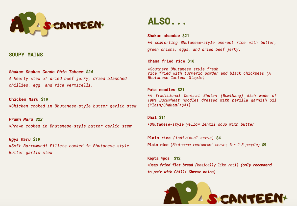 Menu, Apas Canteen