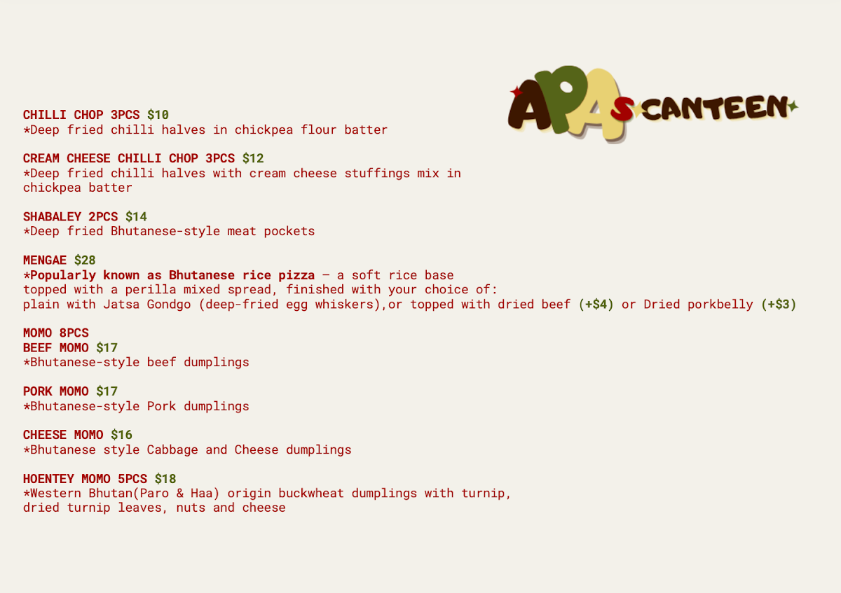 Menu, Apas Canteen