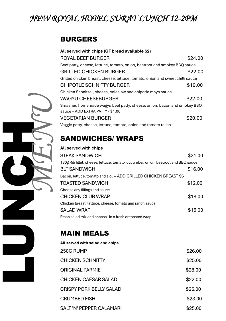 Menu, New Royal Hotel