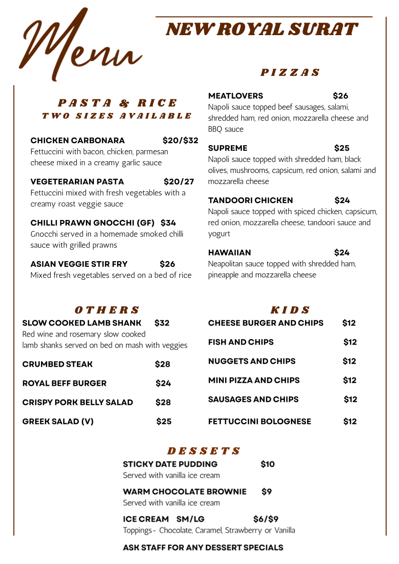 Menu, New Royal Hotel