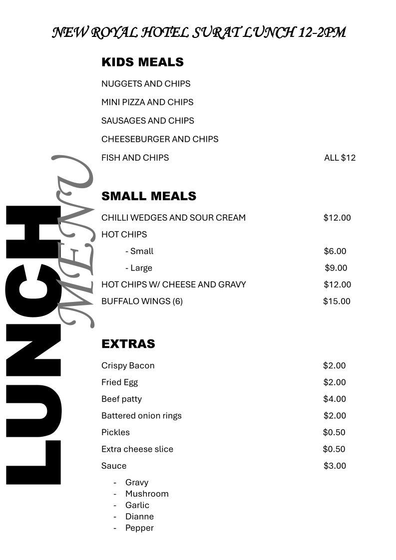 Menu, New Royal Hotel