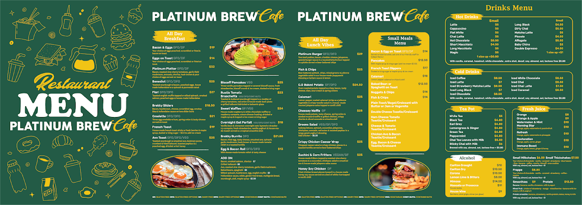 Menu, Platinum Brew Cafe