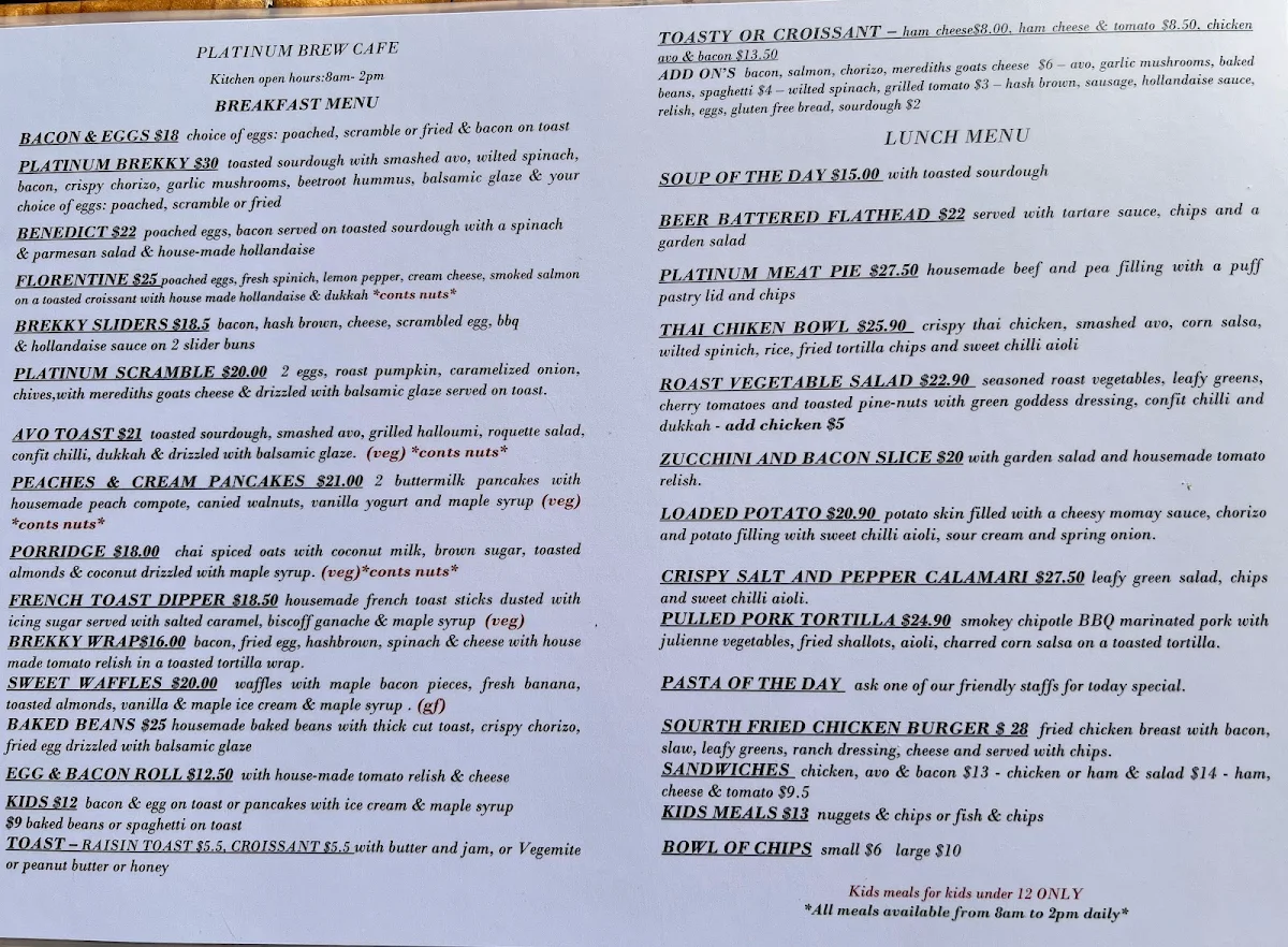 Menu, Platinum Brew Cafe