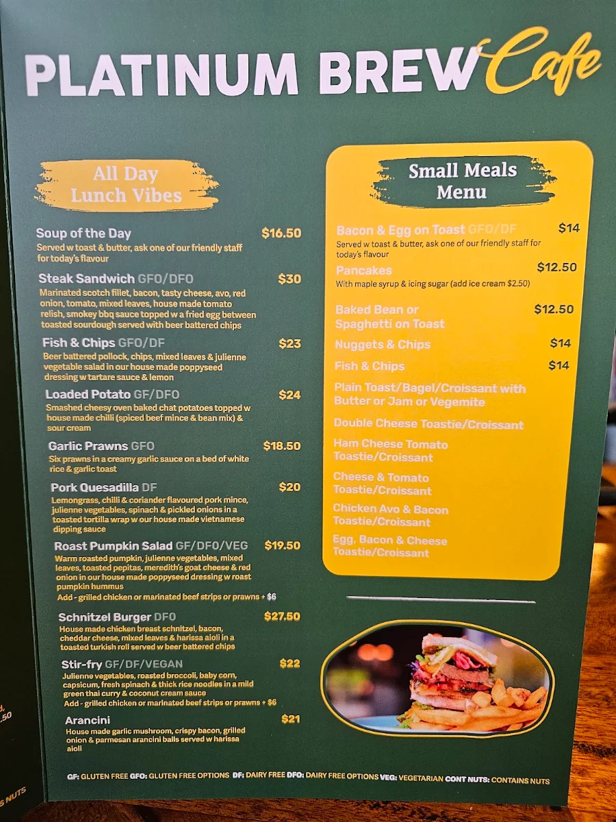Menu, Platinum Brew Cafe