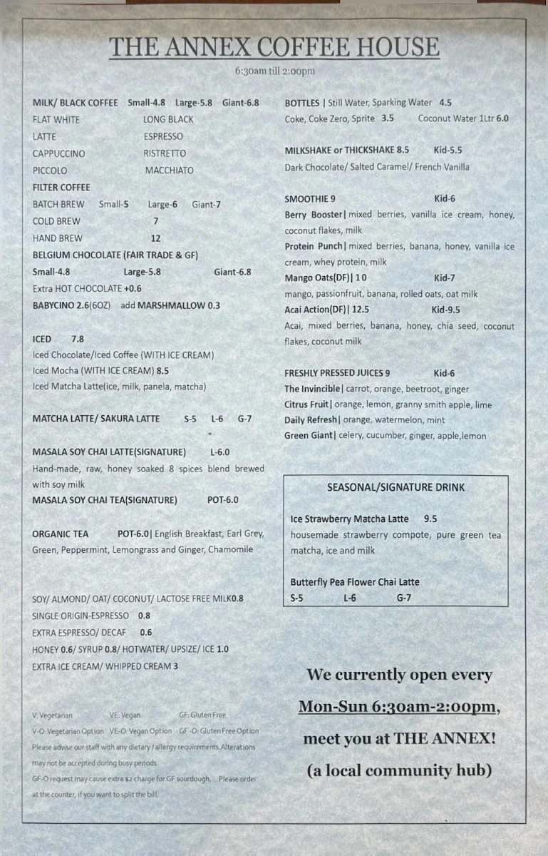 Menu, The Annex Coffee House