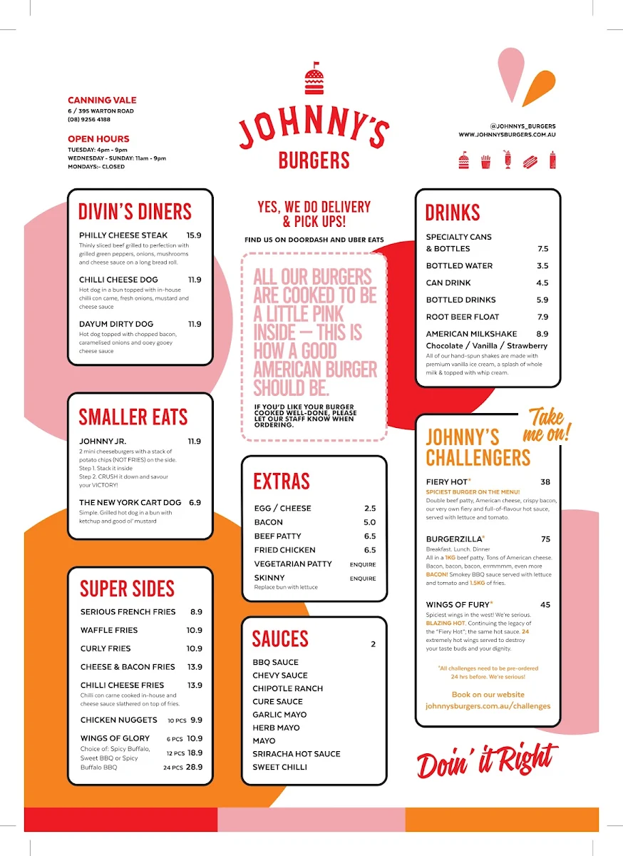 Menu, Johnny's Burger's Canning Vale