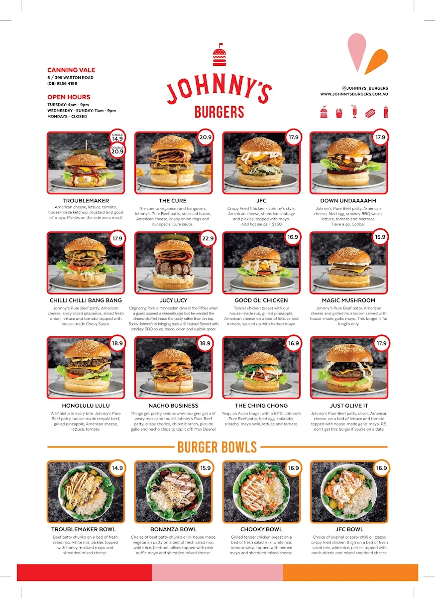 Menu, Johnny's Burger's Canning Vale