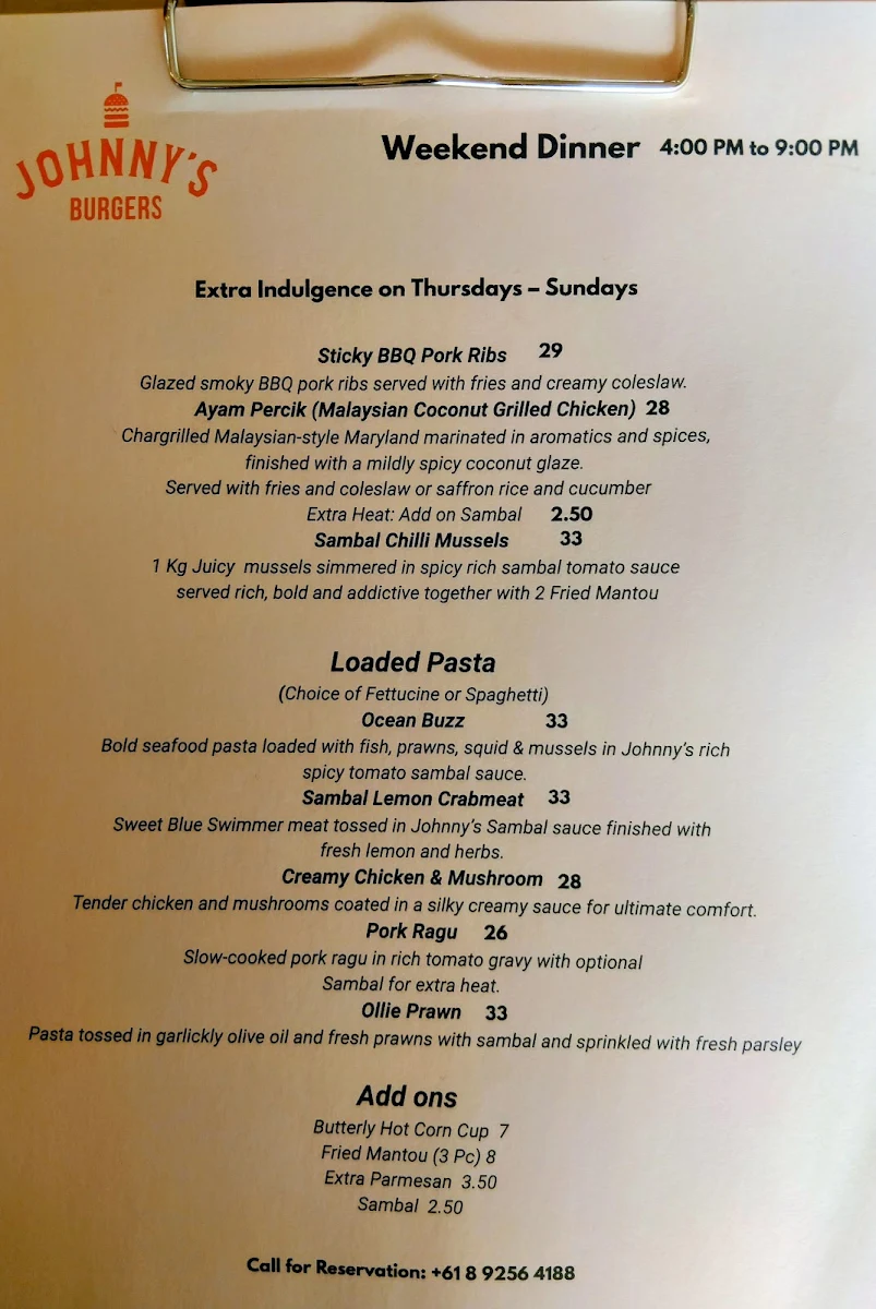 Menu, Johnny's Burger's Canning Vale