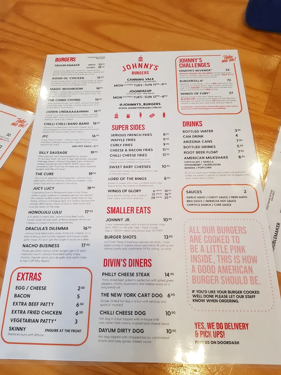 Menu, Johnny's Burger's Canning Vale