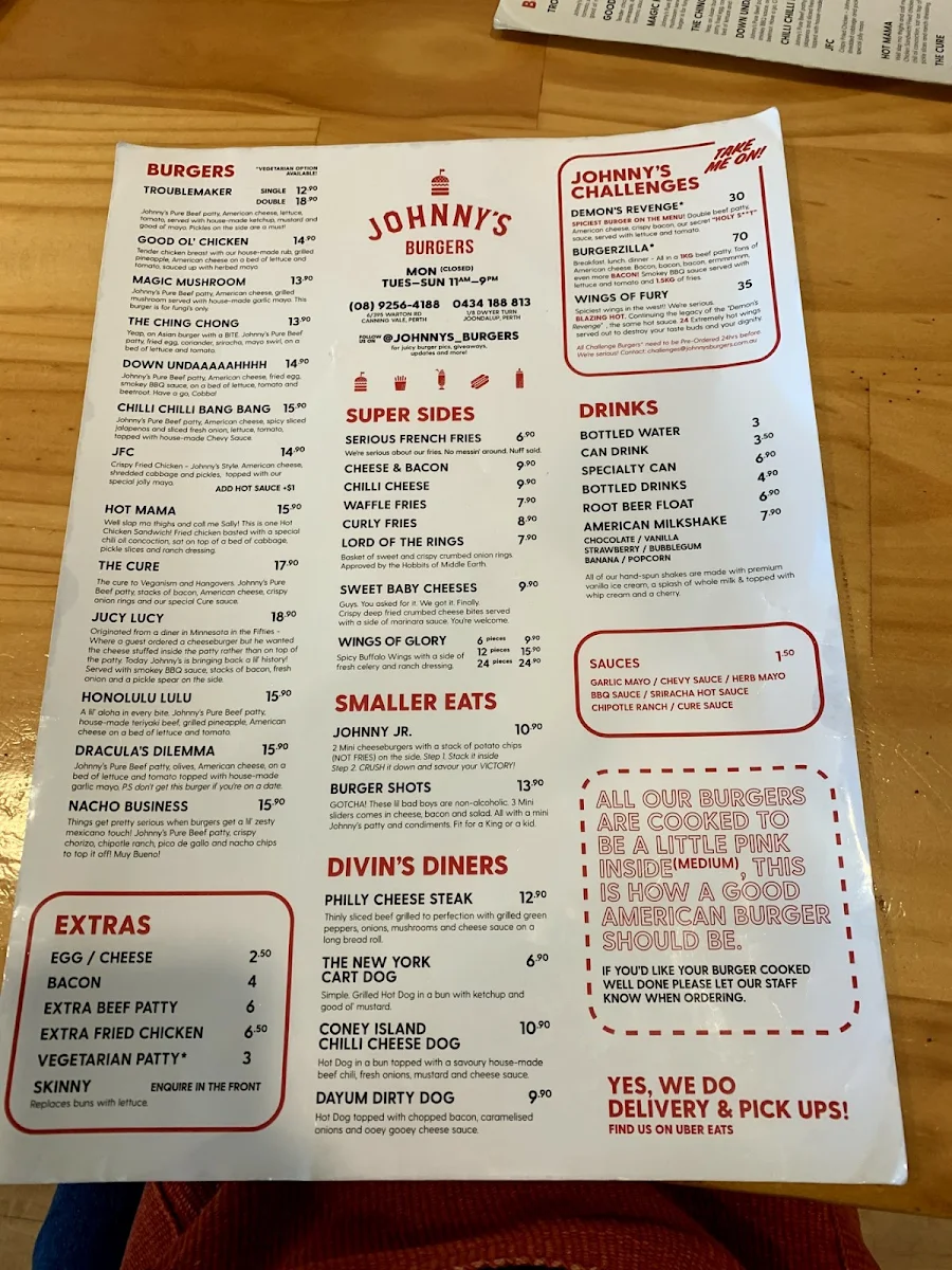 Menu, Johnny's Burger's Canning Vale