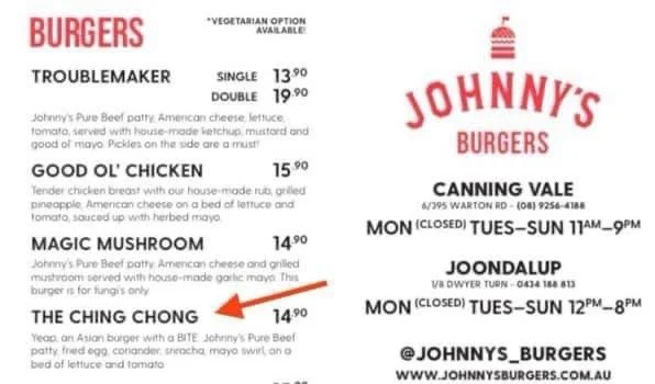 Menu, Johnny's Burger's Canning Vale