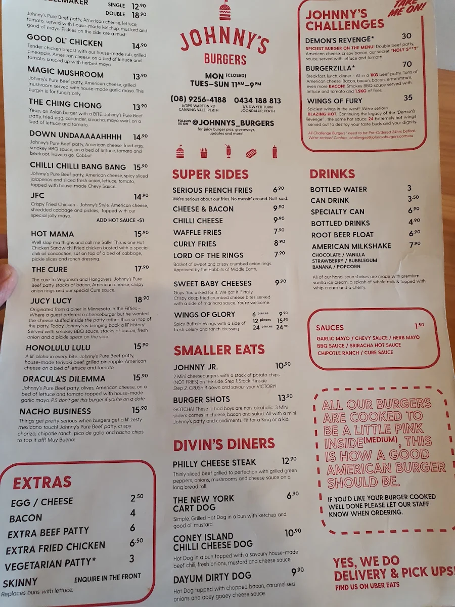Menu, Johnny's Burger's Canning Vale