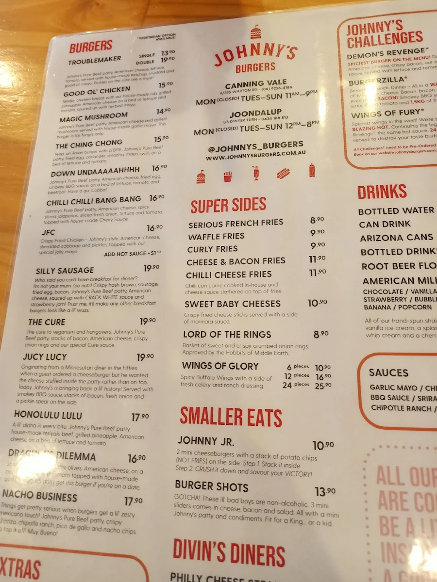 Menu, Johnny's Burger's Canning Vale